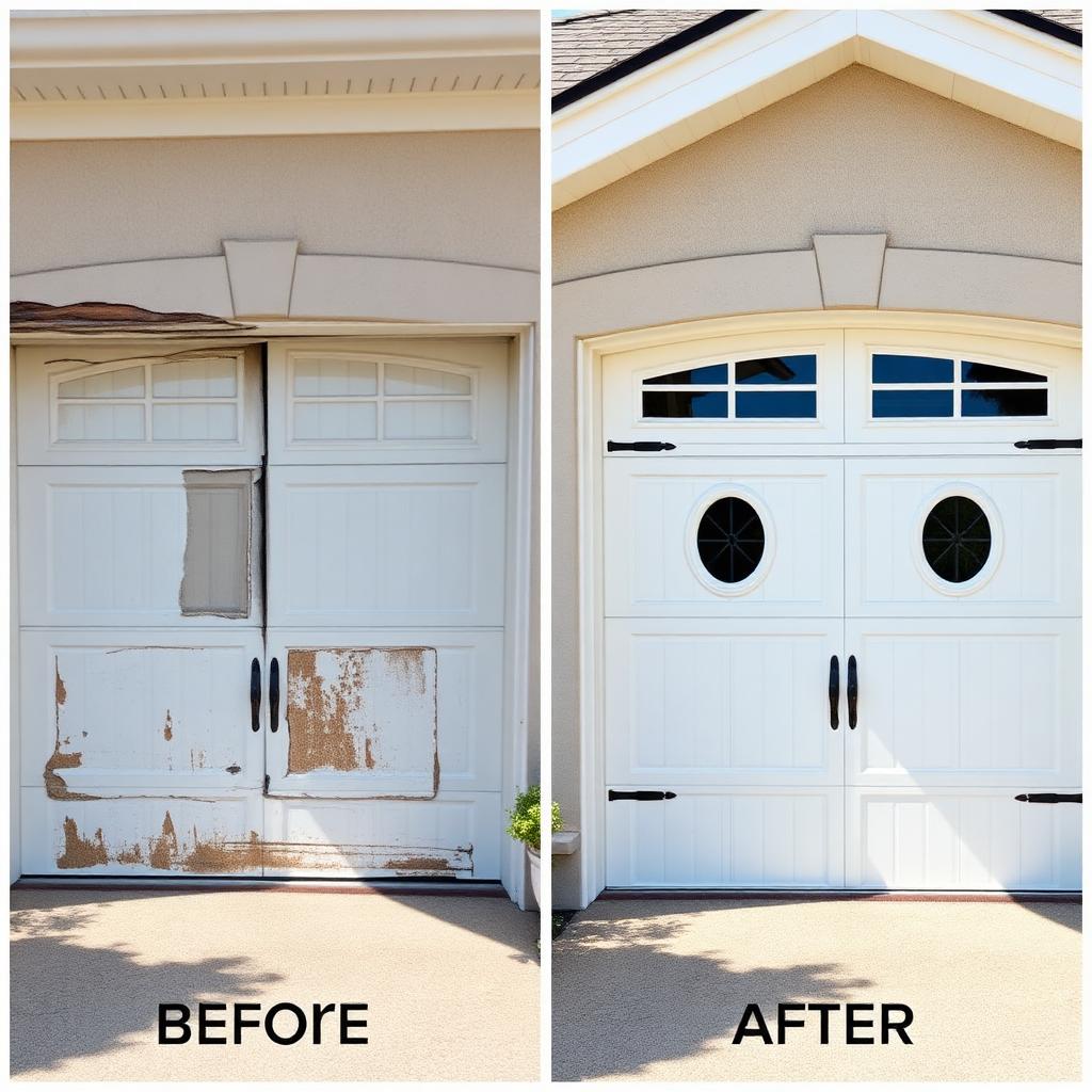 Before and after garage door repair showing quality workmanship