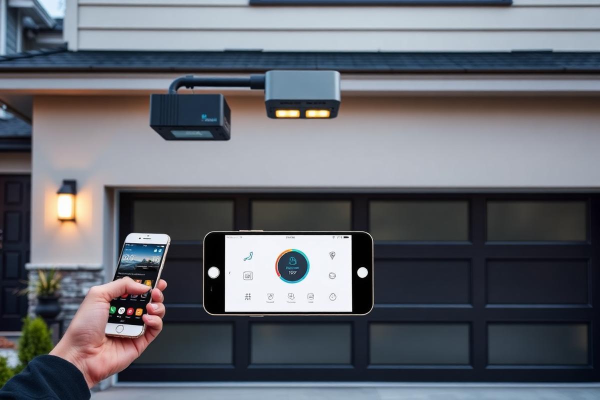 Modern aluminum garage door with smart technology features and safety sensors