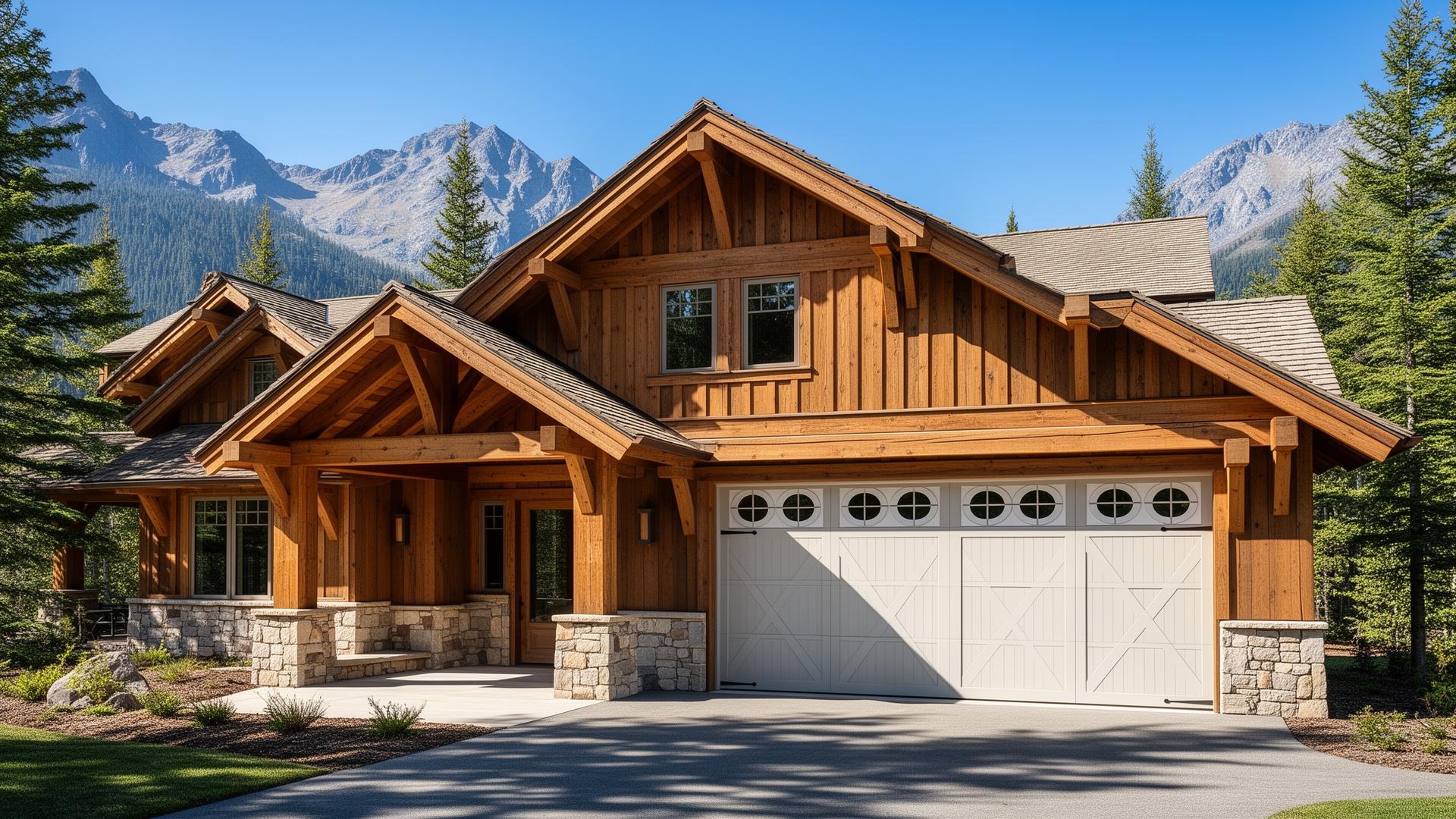 Beautiful mountain lodge home with elegant coastal style garage door featuring porthole windows